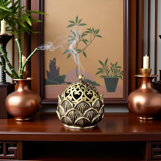 Gold Lotus Incense Burner Vintage Flower Incense Holder Incense Cone Burner for Home Fragrance Decoration, Incense Holders（2.9 x 3cm）
