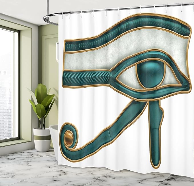 Ambesonne Egyptian Print Shower Curtain, Eye Pattern Egyptian of Protection Image, Cloth Fabric Bathroom Decor Set with Hooks, 69" W x 75" L, Yellow Emerald