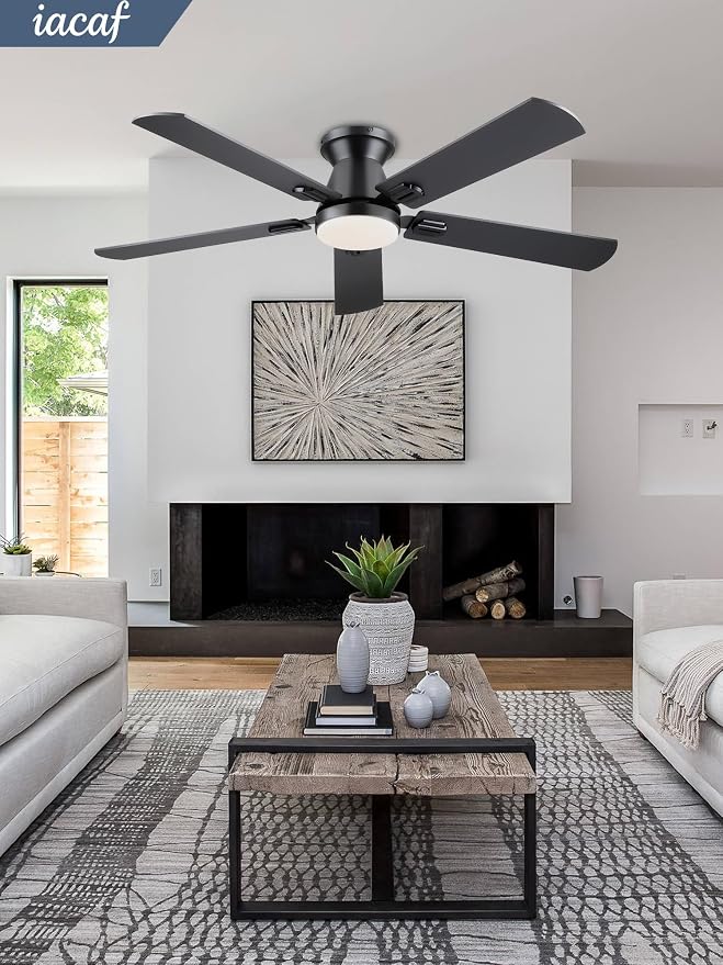 Ceiling Fans with Lights, 52 inch Low Profile Ceiling Fan with Light and Remote/APP Control, Dimmable, Quiet DC Motor, Flush Mount Ceiling Fan for Bedroom Living Room, Indoor/Outdoor Use, Black