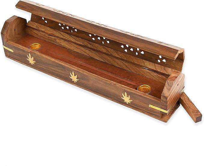 Incense Garden Pack of 2 Incense Stick Holder - Coffin Style - Wood Incense Stick Burner with Kush Inlays (Natural) Handmade with Brass Inlays