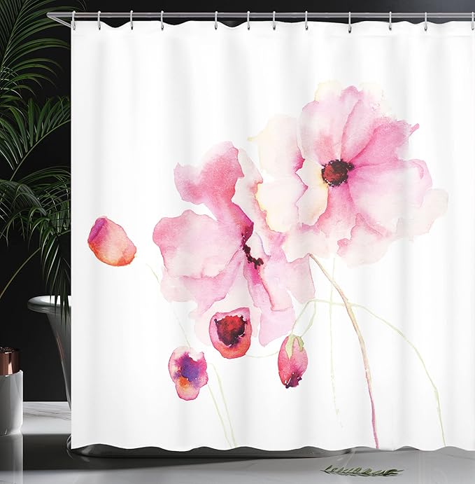 Ambesonne Watercolor Flower Shower Curtain, Poppies in Soft Colors Dreamy Fresh Spring Season Inspired Image, Cloth Fabric Bathroom Decor Set with Hooks, 69" W x 84" L, Pink White