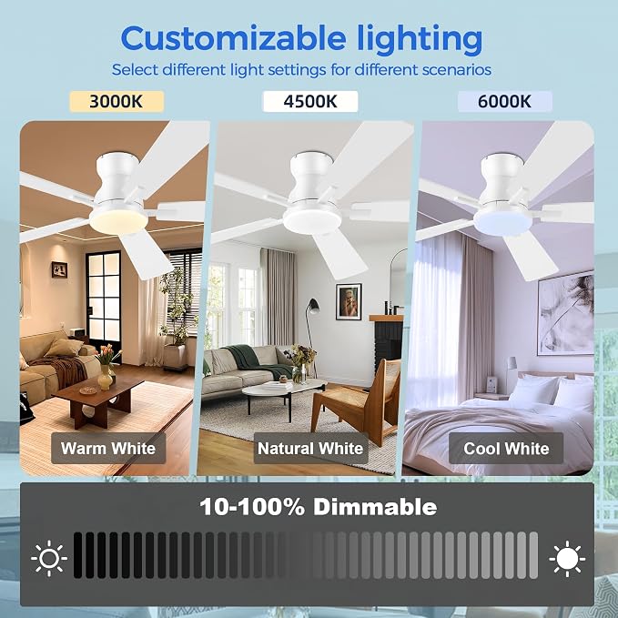 Ayaoty Ceiling Fans with Lights,52 Inch White Low Profile Ceiling Fan with Light -Flush Mount Dimmable, Quiet DC Motor for Outdoor Patio,Garage,Bedroom