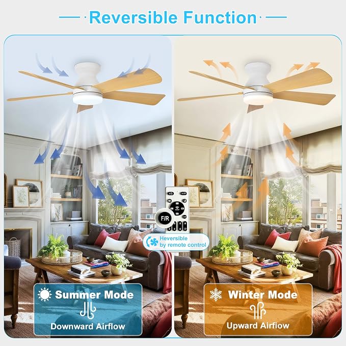 Depuley Modern Ceiling Fan with Light: 42-Inch White Small Fans for Bedroom Indoor Outdoor - Dimmable Low Profile Ceiling Fans with Remote Control Flush Mount 5 Reversible Wood Blades 6 Speeds Timer