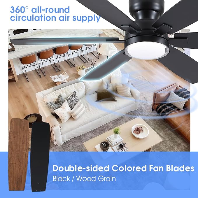 Kviflon 52" Rustic Ceiling Fans with Lights Remote/APP Control, Flush Mount Ceiling Fan with Double Lampshade, 6 Reversible Dual Fan Blades, 3 CCT Dimmable LED Lights for Living Room Farmhouse, Brown
