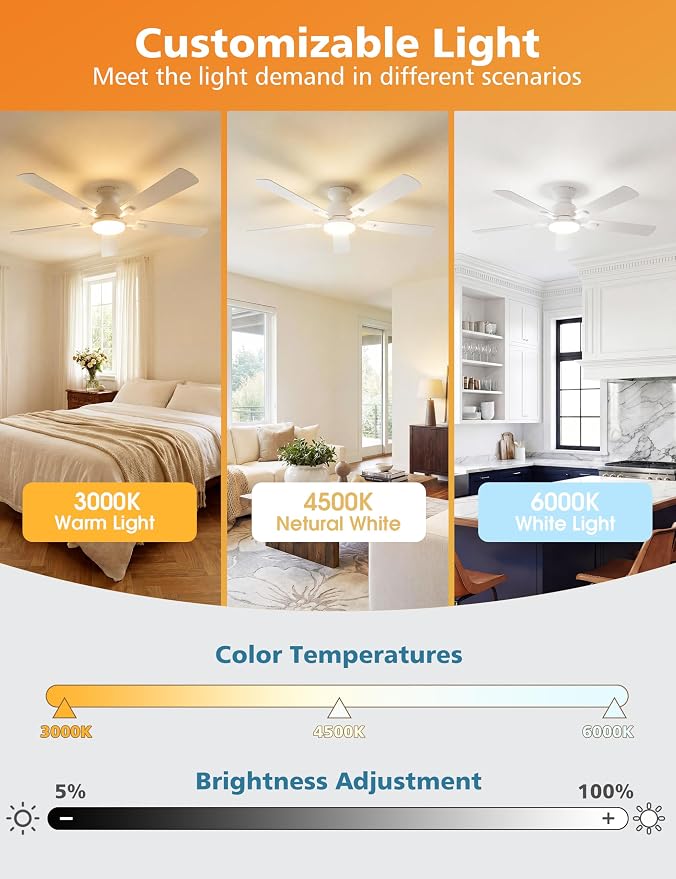 VOLISUN 52 Inch Ceiling Fan with Lights Flush Mount, Low Profile Ceiling Fans with Lights, Remote&APP Control,Dimmable 22W LED Light,Queit&Reversible Fan, White Ceilings Fans for Bedroom, Living Room