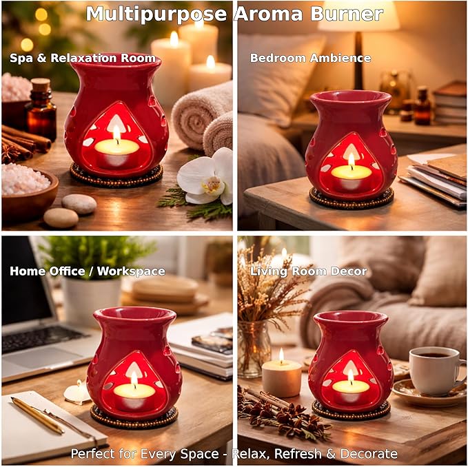 Ceramic Essential Oil Burner Wax Melt Burners |Aromatherapy| Ceramic Oil Diffuser| Candle Tealight Holder (Set of 1) Home Bedroom Decor Christmas Housewarming Gift, Red