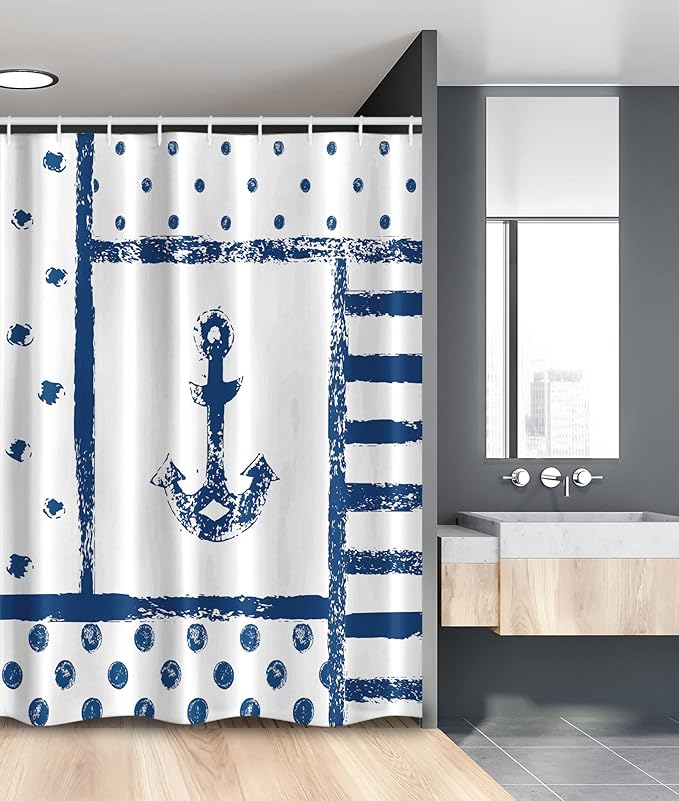 Ambesonne Anchor Stall Shower Curtain, Grunge Murky Boat Marine Silhouette Polka and Stripe Retro Navy Theme Art, Fabric Bathroom Decor Set with Hooks, 54" W x 78" L, Dark Blue White