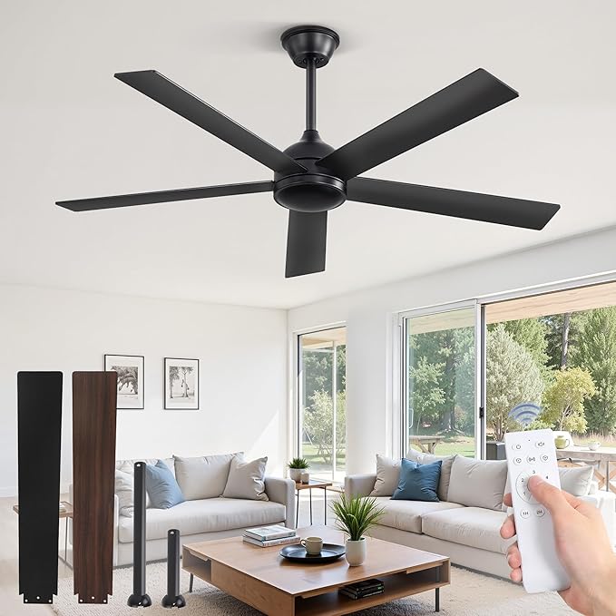 Fanbulous 52 Inch Ceiling Fans No Light with Remote, Black Indoor/Outdoor Ceiling Fan Without Light with Quiet Reversible DC Motor, 6 Speeds, 5 Blades Modern Ceiling Fan for Living Room Bedroom Patio