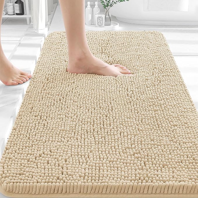 OLANLY Bathroom Rugs 30x18, Extra Soft Absorbent Chenille Bath Rugs, Rubber Backing Quick Dry, Machine Washable Bath Mats for Bathroom Floor, Tub and Shower, Home Decor Accessories, Beige