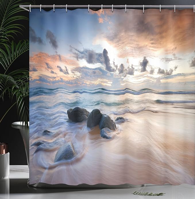 Ambesonne Coastal Shower Curtain, Rocky Coastline with Sunset Rays of Day The Clouds Landscape Beach Picture, Cloth Fabric Bathroom Decor Set with Hooks, 69" W x 75" L, Ivory Blue