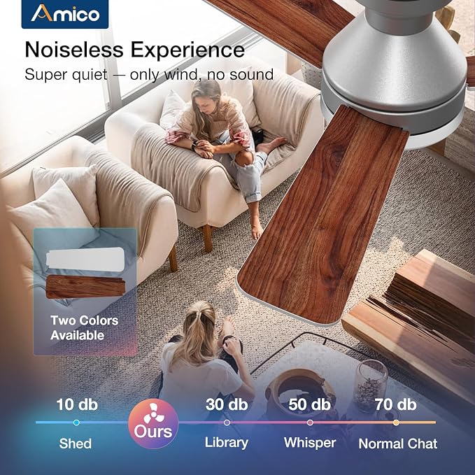 Amico Ceiling Fans with Lights, 42 inch Low Profile Ceiling Fan with Light and Remote Control, Flush Mount, Reversible, 3CCT, Dimmable, Noiseless, Silver Ceiling Fan for Bedroom, Indoor/Outdoor Use