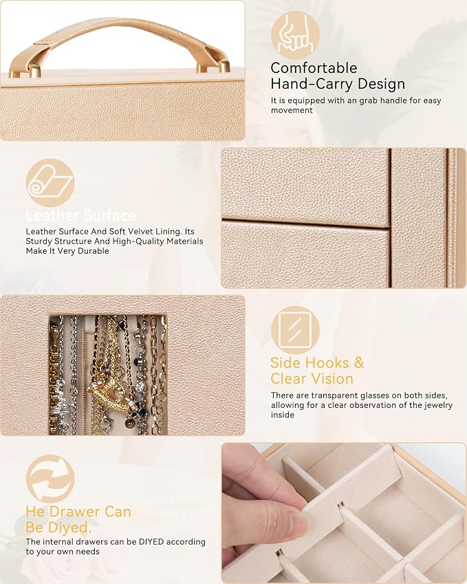AKOZLIN 6-Tier Jewelry Box Organizer Functional 5 Drawers Leather Jewelry Storage Case for Women Girls Ring Necklace Earring Bracelet Holder Organizer with Mirror XL Champagne 360° Rotating