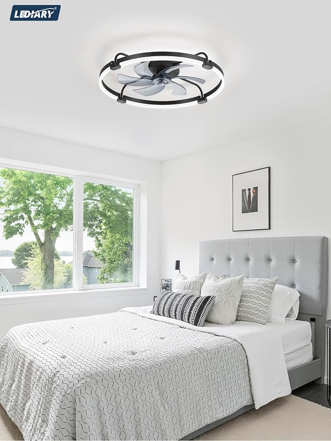 LEDIARY 26" Ceiling Fans with Lights and Remote, Low Profile,Large, Black | 3000K-6000K Stepless Dimmable Fandelier, Reversible DC Motor, Remote and APP Control, Bedroom Kitchen Living Room