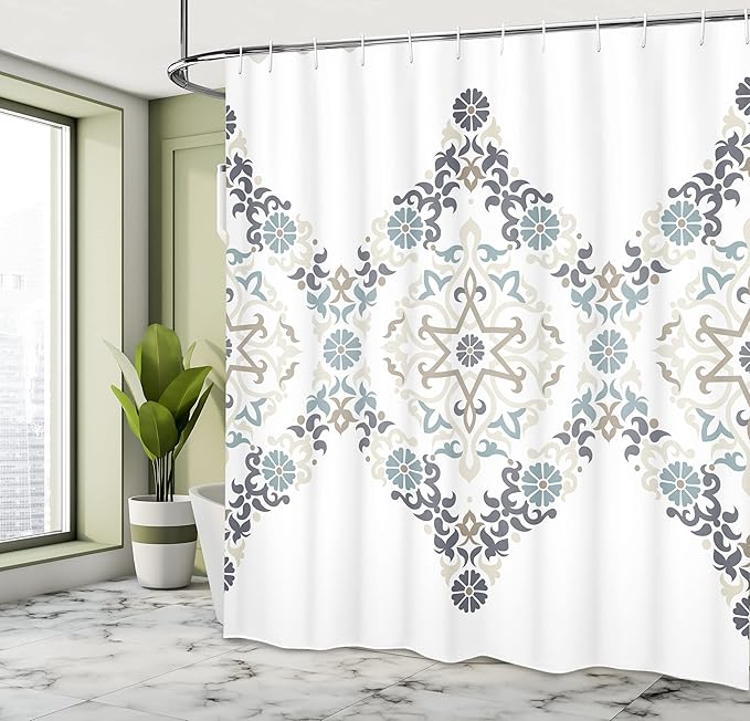 Ambesonne Ethnic Shower Curtain, Ottoman Mosaics in Tones Royal Revival Victorian Palace Inspired Retro Print, Cloth Fabric Bathroom Decor Set with Hooks, 69" W x 84" L, Blue Grey
