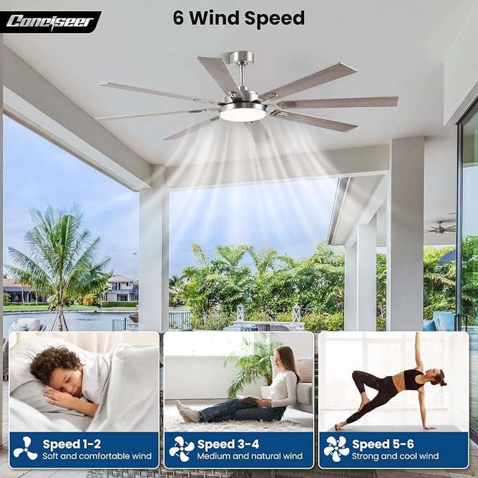 72 Inch Ceiling Fans with Lights and Remote, Dual Color 8 Blades, Bedroom Living Room Office Library Cafe Outdoor Industrial, 3CCT Dimmable, 6 Speed Reversible Quiet DC Motor, Sand-nickel/Wood Grain