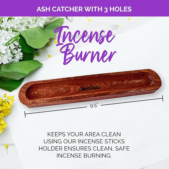Wooden Ash Catcher & Incense Holder for Sticks, Incense Stick Holder for Mess-Free Incense Storage, Incenses Burner Made of Padauk Wood, with 3 Holes, 9 Inches - OneSoul Collection