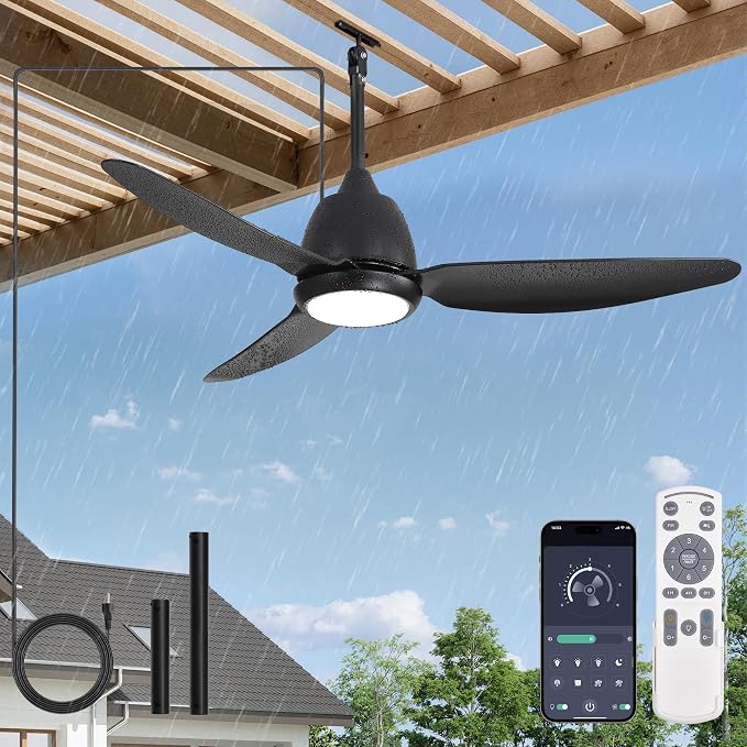 Fanbulous 42" Outdoor Ceiling Fan with Light, IP65 Waterproof Wet Rated, Plug in Gazebo Fan with 10FT Cord, Smart APP & Remote, 6-Speed Reversible DC Motor, 3CCT Dimmable LED for Patio Porch (Black)