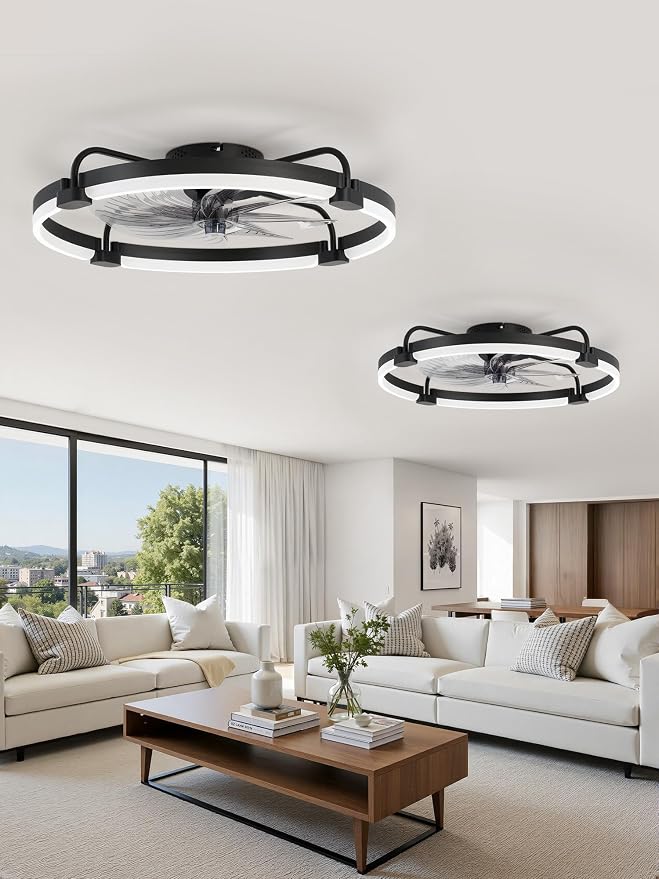 LEDIARY 2 Pack Ceiling Fans with Lights and Remote, 24'' Low Profile Ceiling Fan with Light, 3000-6000K Dimmable Fandelier LED Fan Light, 6 Wind Speeds, Black Flush Mount Ceiling Fan for Bedroom