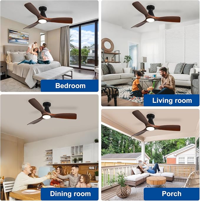 Depuley 42-Inch Ceiling Fans with Lights: Walnut 3 Blade Flush Mount Low Profile Ceiling Fan for Bedroom - Dimmable Indoor Outdoor Fan with Remote Control Ultra Quiet DC Motor Timer