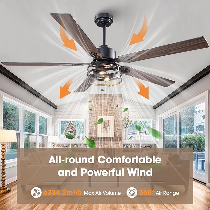 60" Farmhouse Ceiling Fans with Lights, Large Ceiling Fan with Remote for Living Room,5 Dual Finish Blades, 6 Speeds Adjustable & Reversible DC Motor, Rustic Ceiling Fan for Living Room & Bedroom