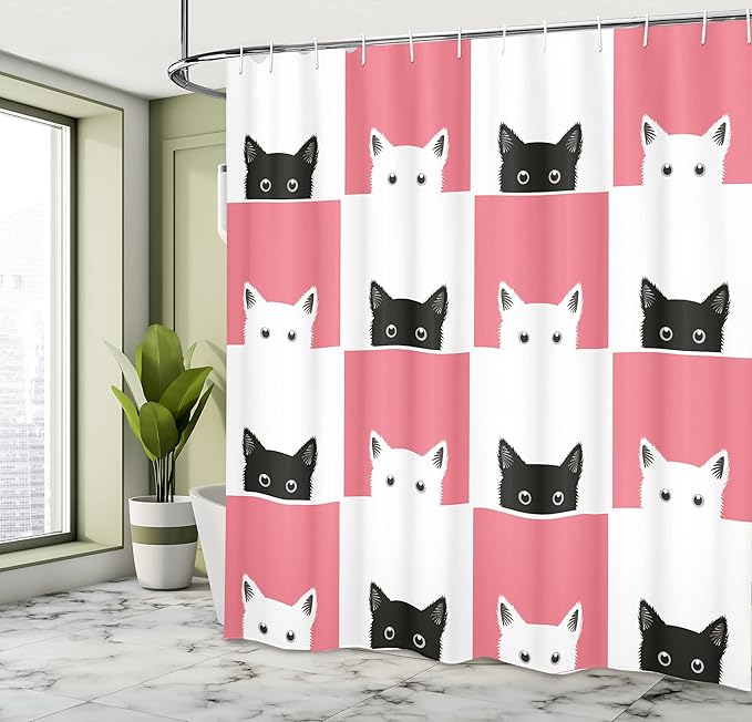 Ambesonne Cats Shower Curtain, Chess Board Design with Kittens Feline Kitty Animals Pets Retro Mosaic, Cloth Fabric Bathroom Decor Set with Hooks, 69" W x 70" L, White Black Pink