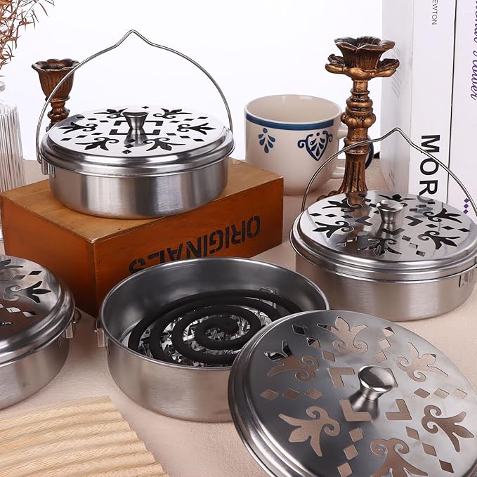 4 Pieces Mosquito Coil Holder Portable Mosquito Incense Holder with Handle Round Metal Sandalwood Incense Burner for Home Camping Indoor Outdoor Patio (Silver)