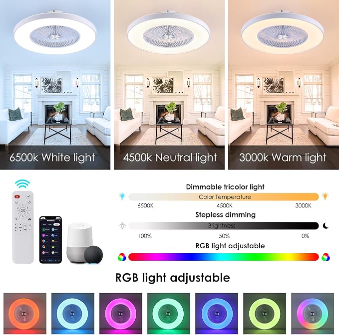 24" Bladeless Ceiling Fans with Lights and Remote/APP/Voice Control, Low Profile Ceiling Fan with RGB Lights, Enclosed Flush Mount Ceiling Fan for Kid's Bedroom/Living Room