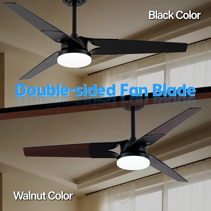 Ceiling Fan with Lights and Remote, 3 Blade App Control Timer Reversible Stepless Brightness and Color Temperature Outdoor Wood Ceiling Fan with Lights (Black, 52 In)