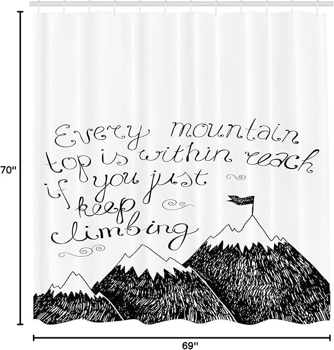 Ambesonne Wording Shower Curtain, Sketchy Mountains Hand Writing Style Letters Purpose Determination Success, Cloth Fabric Bathroom Decor Set with Hooks, 69" W x 70" L, White and Black