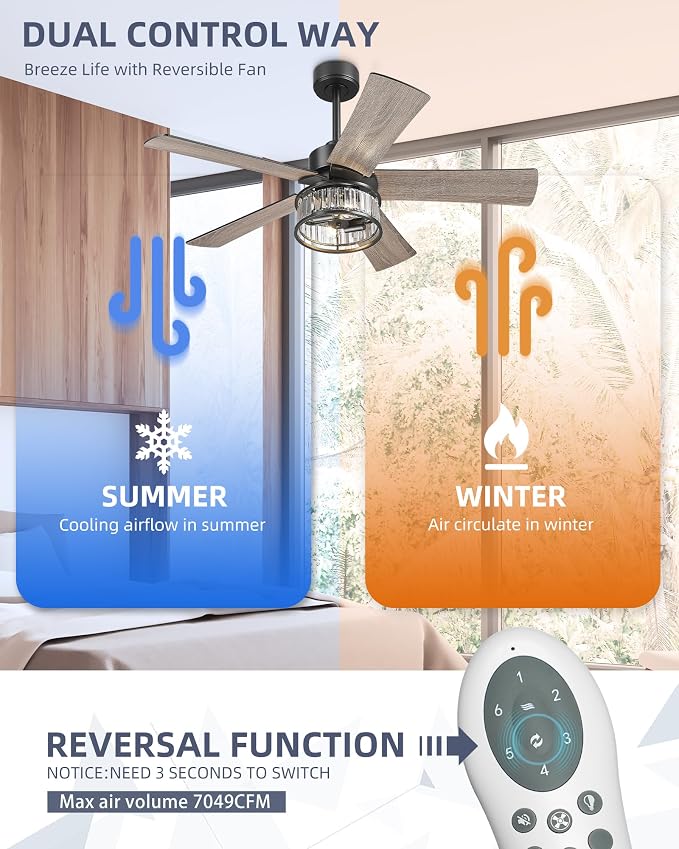 YOUKAIN 48 Inch Black Ceiling Fan with Lights and Remote, Modern Crystal Ceiling Fan, 5 Reversible Matte Black & Wood Blades, Quiet Indoor Ceiling Fan for Bedroom Living Room, 48-YJ632A-BK