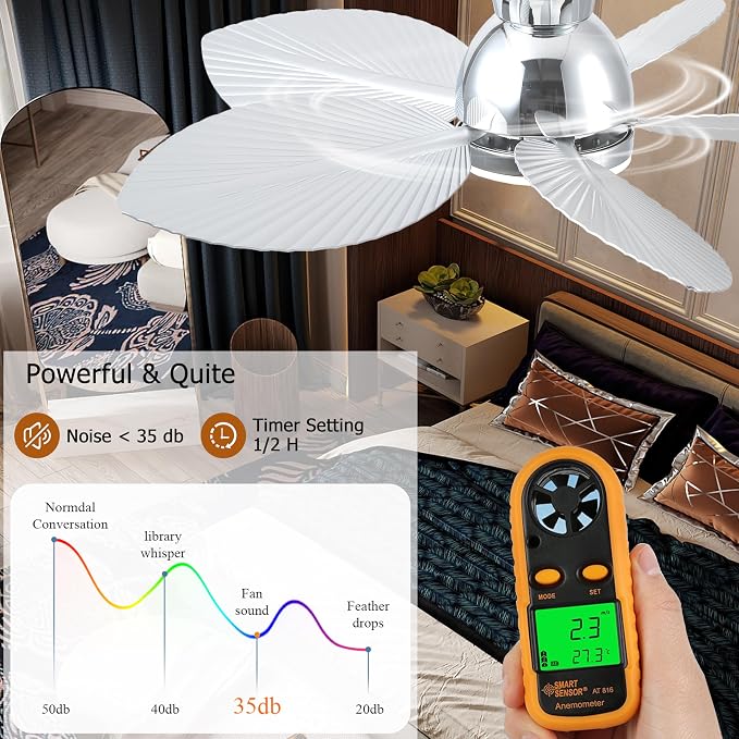GJeg Tropical Ceiling Fans with Light, 38-inch Flush Mount Palm Leaf Ceiling Fans for Bedrooms, Indoors and Outdoors, Remote Control/APP Control, 6-Speed, Dimmable, Reversible,Chrome