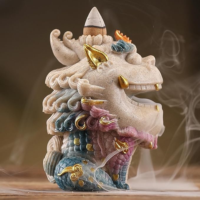 Backflow Incense Burner - Resin Tabletop Incense Holder for Cones, Fortune Dragon Statue Home Decor, Desktop Aromatherapy Ornament with Smoke Waterfall Effect for Living Room