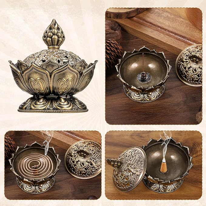Small Classic Lotus Incense Burner 2.75 X 2.87inch Mini Vintage Lotus Incense Burner Holder Mini Lotu Cone Incenses Holder Charcoal Lotuss Flower Shaped Incenses Holders Classic for Stick and Metal