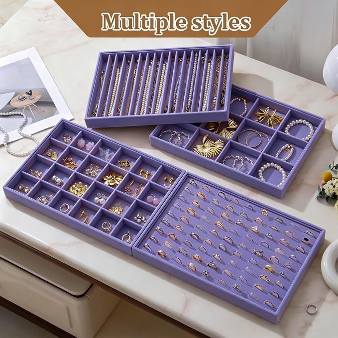 Large Velvet Jewelry Tray 2 Pack Stackable Jewelry Display Drawer Inserts Trays Organizer for Earring Bracelet Necklace Ring (Purple, 16 Grids)