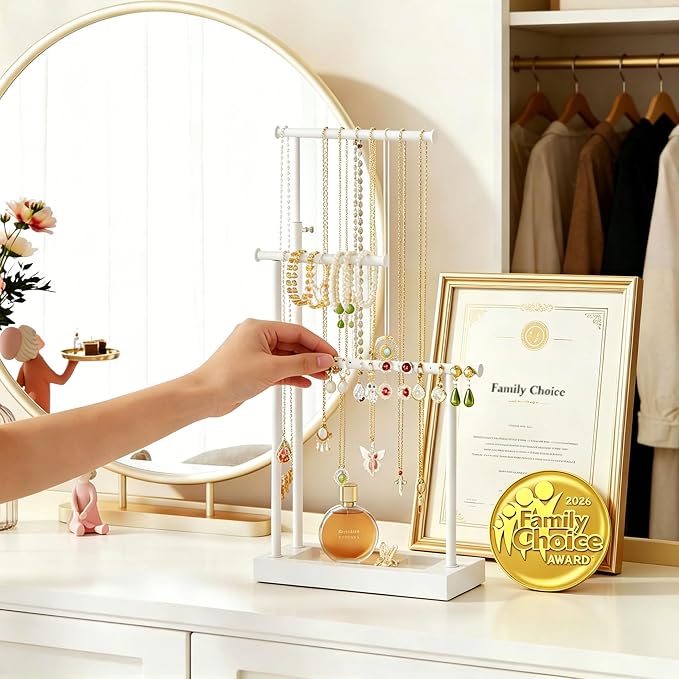 SRIWATANA White Jewelry Organizer Stand, Extra Tall 3-Tier Necklace Holder | Elegant Jewelry Tree with WoodenTray; Ideal to Organize Long Necklaces, Rings, Earrings