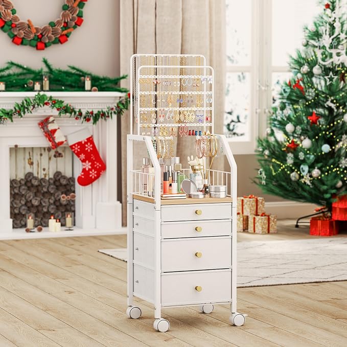 SWTYMIKI Jewelry Organizers and Storage- Multifunctional Stand Jewelry Organizer Cabinet for Necklace, Earring, Ring & Bracelet - Jewelry Box Necklace Holder with 4 Nonwoven Drawers & Wheel White