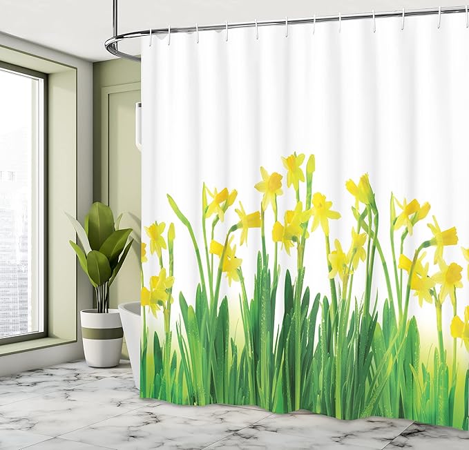 Ambesonne Daffodils Shower Curtain, Narcissus and Daffodil April Spring Flowers Field Natural Seasonal Picture Art, Cloth Fabric Bathroom Decor Set with Hooks, 69" W x 70" L, Green Yellow