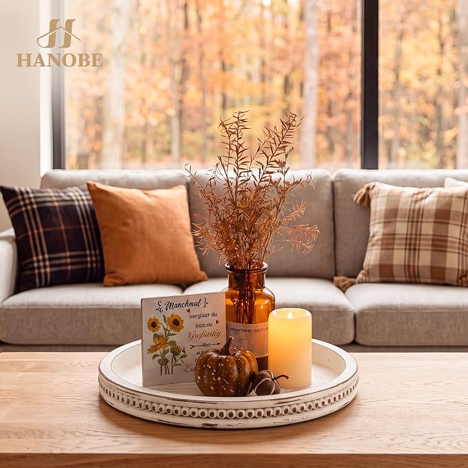 Hanobe Decorative Tray for Coffee Table: 10.5-Inch Round Whitewashed Wood Tray for Rustic Farmhouse Living Room Kitchen Island Entryway Home Decor