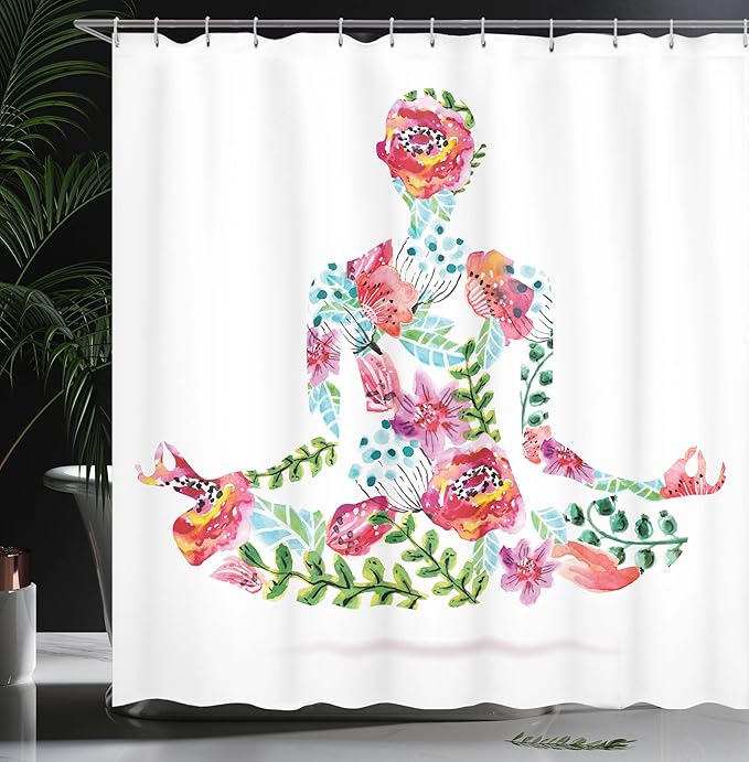 Ambesonne Yoga Shower Curtain, Colorful Yoga Pose Floral Human Leaf Meditating Spring Wellness Vibrant Colors Namaste, Cloth Fabric Bathroom Decor Set with Hooks, 69" W x 75" L, Pink Blue