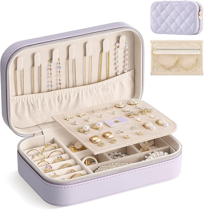 Lolalet Travel Jewelry Case for Women Girls, PU Leather Jewelry Organizer with Clear Storage Bag Small Portable Jewelry Box for Necklace Bracelet Earring Ring Birthday Bridesmaid Gifts -Medium/Purple