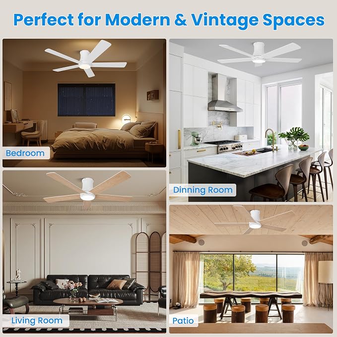 52 Inch Low Profile Ceiling Fan with Light, White Ceiling Fans with Lights and Remote, Flush Mount, 6 Speeds Reversible Quiet DC, 3CCT Dimmable, Indoor Outdoor Ceiling Fans for Patios Bedroom