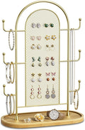 bussdis Jewelry Holder Organizer Earring Display - Earring Storage Tree Stands Towers With 6 Hooks 300 Studs Wood Tray Gold Metal Rack