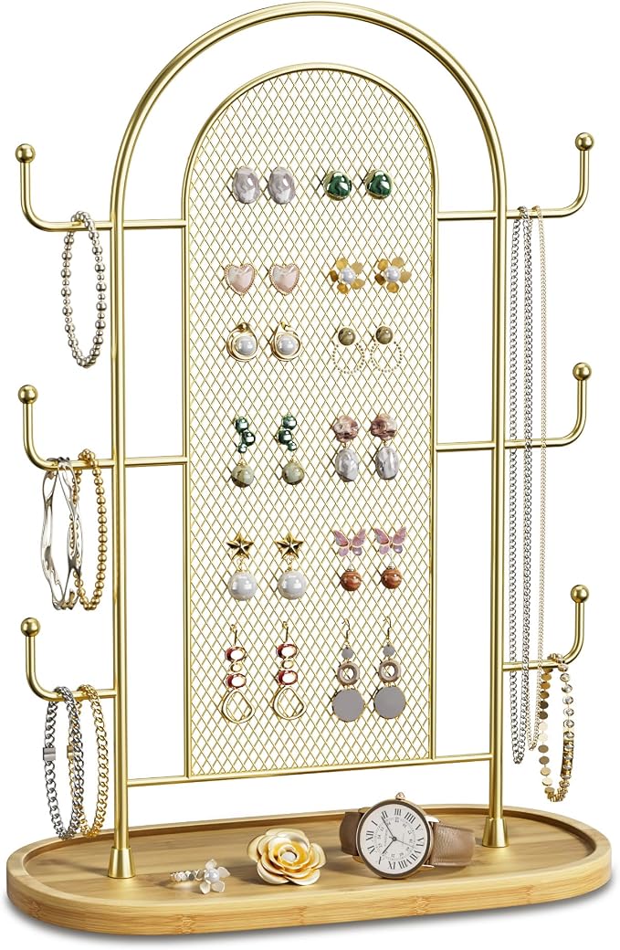 bussdis Jewelry Holder Organizer Earring Display - Earring Storage Tree Stands Towers With 6 Hooks 300 Studs Wood Tray Gold Metal Rack