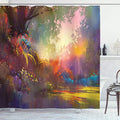 Ambesonne Fantasy Shower Curtain, Lake with Brush Effects Surreal Nature Elf Tranquil and Serene Art Print, Cloth Fabric Bathroom Decor Set with Hooks, 69" W x 75" L, Indigo Earth Yellow Multicolor