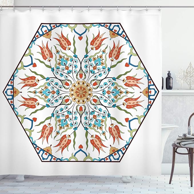 Ambesonne Antique Shower Curtain, Ottoman Turkish Floral Pattern Tulips Medieval Baroque Effect on Dated Art, Cloth Fabric Bathroom Decor Set with Hooks, 69" W x 84" L, Soft Blue