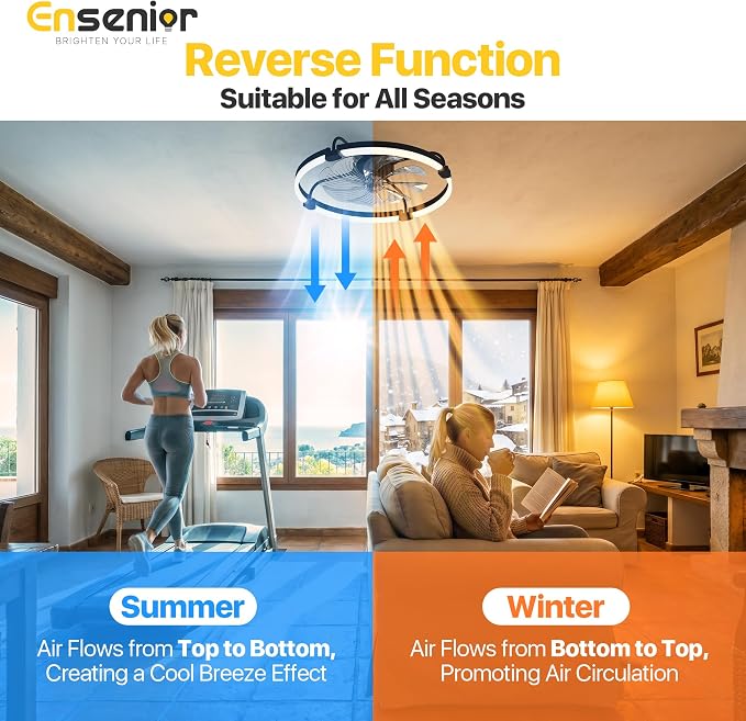Ensenior Ceiling Fans with Lights and Remote, 24" Low Profile Ceiling Fan Flush Mount, APP Control, 6 Speed, 3CCT, Quiet Reversible DC Motor, Dimmable Modern Ceiling Fan with Light for Bedroom, Black
