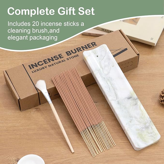 Marble Incense Holder Burner-Natural Stone Stick Incense Tray with Ash Catcher，20 Sticks & Brush - Elegant Decor for Meditation, Yoga, Home,Gift(White Green)