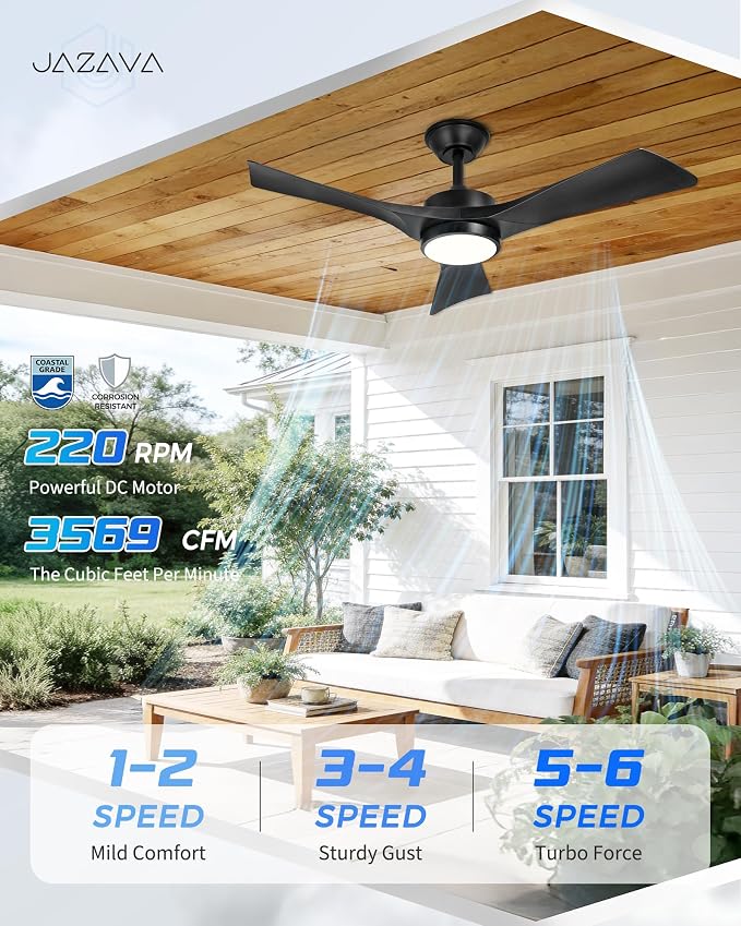 42 Inch Indoor Outdoor Ceiling Fan with Light and Remote, 3CCT Dimmable LED, Modern Black Ceiling Fan, Reversible Motor, Quiet 3-Blade Fan for Bedroom, Covered Patio, ZCCF08BK-42