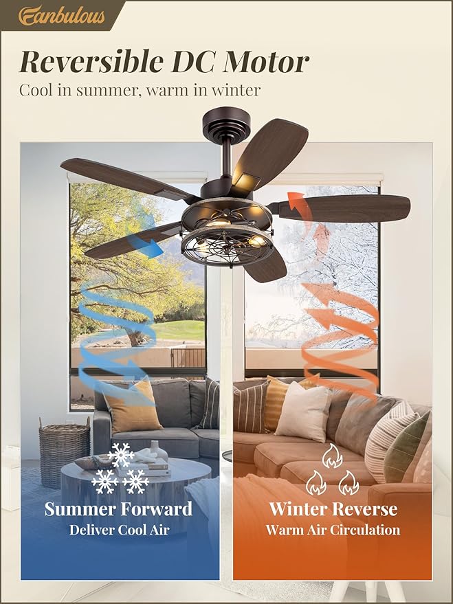 Fanbulous Farmhouse Ceiling Fan with Light and Remote, Industrial Caged Flush Mount Ceiling Fans with 6 Speed Reversible Motor and Dual Finish 5 Blades, for Living room, Bedroom (Oil Bronze, 42 Inch)