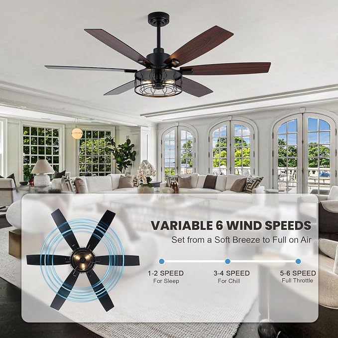 Dawn Whisper Black Ceiling Fans with Lights 60 Inch Farmhouse Ceiling Fan with Remote Quiet Reversible DC Motor 6 Speeds 8 Blades Large Industrial Chandelier Fan for Living Room Bedroom